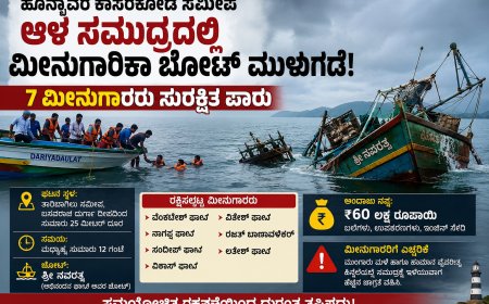 ಆಳ ಸಮುದ್ರದಲ್ಲಿ ಮೀನುಗಾರಿಕಾ ಬೋಟ್ ಮುಳುಗಡೆ: 60 ಲಕ್ಷ ನಷ್ಟ, 7 ಮೀನುಗಾರರು ಕೂದಲೆಳೆ ಅಂತರದಲ್ಲಿ ಪಾರು!