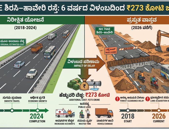 NH 766E ಶಿರಸಿ–ಹಾವೇರಿ ರಸ್ತೆ: 6 ವರ್ಷದ ವಿಳಂಬದಿಂದ ₹273 ಕೋಟಿ ಜನನಷ್ಟ. ?!