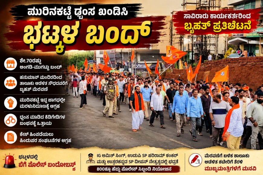 ಮುರಿನಕಟ್ಟೆ ಧ್ವಂಸ ಖಂಡಿಸಿ ಭಟ್ಕಳ ಬಂದ್: ಸಾವಿರಾರು ಹಿಂದೂ ಕಾರ್ಯಕರ್ತರಿಂದ ಬೃಹತ್ ಪ್ರತಿಭಟನೆ, ನಗರದಲ್ಲಿ ಬಿಗಿ ಪೊಲೀಸ್ ಬಂದೋಬಸ್ತ್