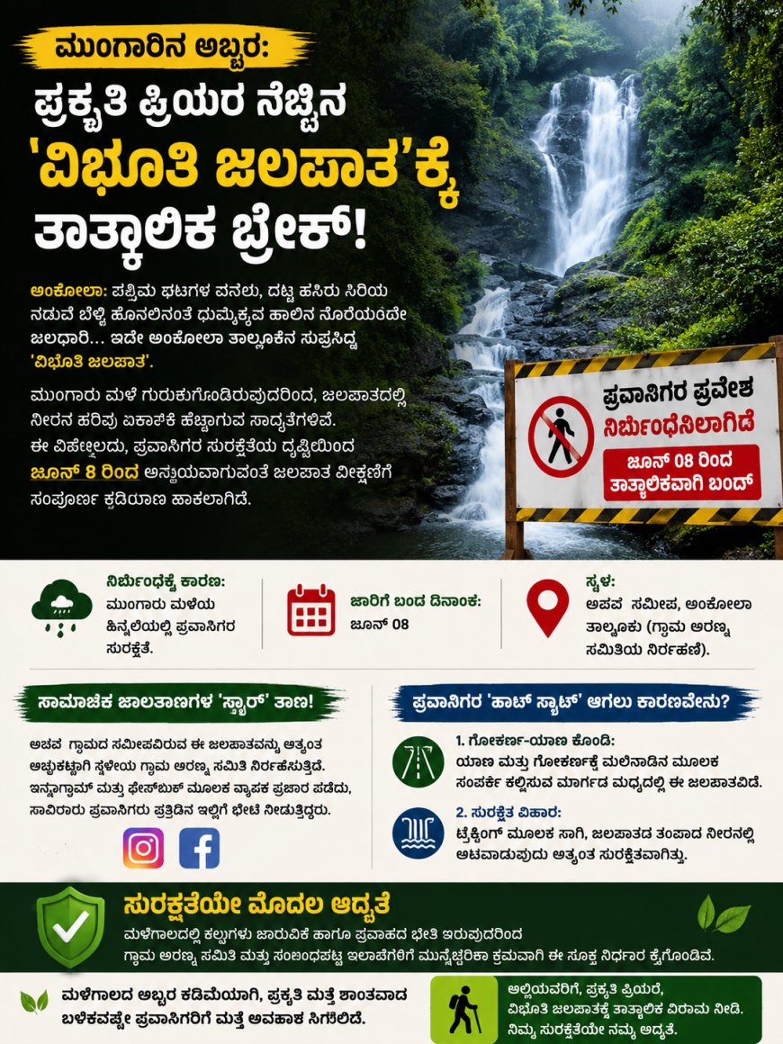 ಮುಂಗಾರಿನ ಅಬ್ಬರ: ಪ್ರಕೃತಿ ಪ್ರಿಯರ ನೆಚ್ಚಿನ 'ವಿಭೂತಿ ಜಲಪಾತ'ಕ್ಕೆ ತಾತ್ಕಾಲಿಕ ಬ್ರೇಕ್!