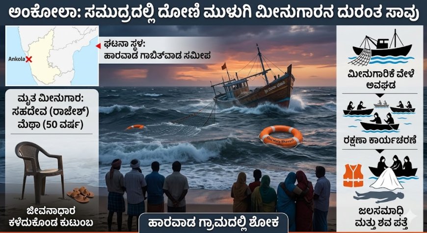 ಕಡಲೊಡಲಿಗೆ ಬಲಿಯಾದ ಕಾಯಕಜೀವಿ: ಅಂಕೋಲಾದ ಹಾರವಾಡ ಸಮುದ್ರದಲ್ಲಿ ದೋಣಿ ಮುಳುಗಿ ಮೀನುಗಾರ ಜಲಸಮಾಧಿ