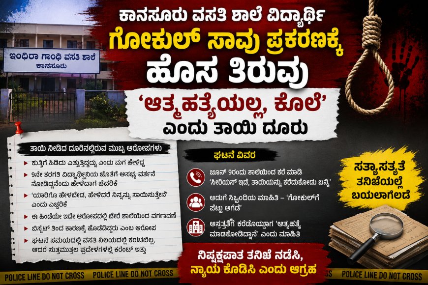 ಕಾನಸೂರು ವಸತಿ ಶಾಲೆ ವಿದ್ಯಾರ್ಥಿ ಗೋಕುಲ್ ಸಾವು ಪ್ರಕರಣಕ್ಕೆ ಹೊಸ ತಿರುವು; 'ಆತ್ಮಹತ್ಯೆಯಲ್ಲ, ಕೊಲೆ' ಎಂದು ತಾಯಿ ದೂರು