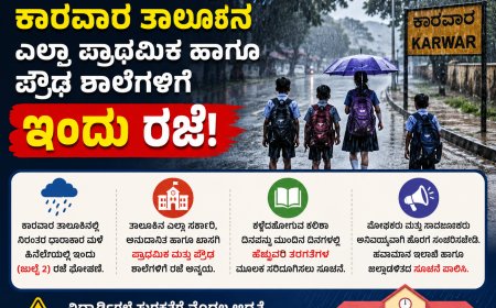 ಧಾರಾಕಾರ ಮಳೆಯ ಅಬ್ಬರ: ಕಾರವಾರ ತಾಲೂಕಿನ ಎಲ್ಲಾ ಪ್ರಾಥಮಿಕ ಹಾಗೂ ಪ್ರೌಢ ಶಾಲೆಗಳಿಗೆ ಇಂದು ರಜೆ ಘೋಷಣೆ
