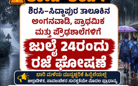 ಆರೆಂಜ್ ಅಲರ್ಟ್ ಹಿನ್ನೆಲೆ: ಶಿರಸಿ–ಸಿದ್ದಾಪುರ ತಾಲೂಕಿನ ಅಂಗನವಾಡಿ, ಪ್ರಾಥಮಿಕ ಹಾಗೂ ಪ್ರೌಢಶಾಲೆಗಳಿಗೆ ಜುಲೈ 24ರಂದು ರಜೆ ಘೋಷಣೆ