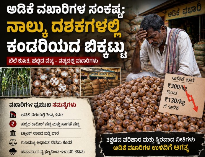 ಅಡಿಕೆ ವಖಾರಿಗಳ ಸಂಕಷ್ಟ: ನಾಲ್ಕು ದಶಕಗಳಲ್ಲಿ ಕಂಡರಿಯದ ಬಿಕ್ಕಟ್ಟು