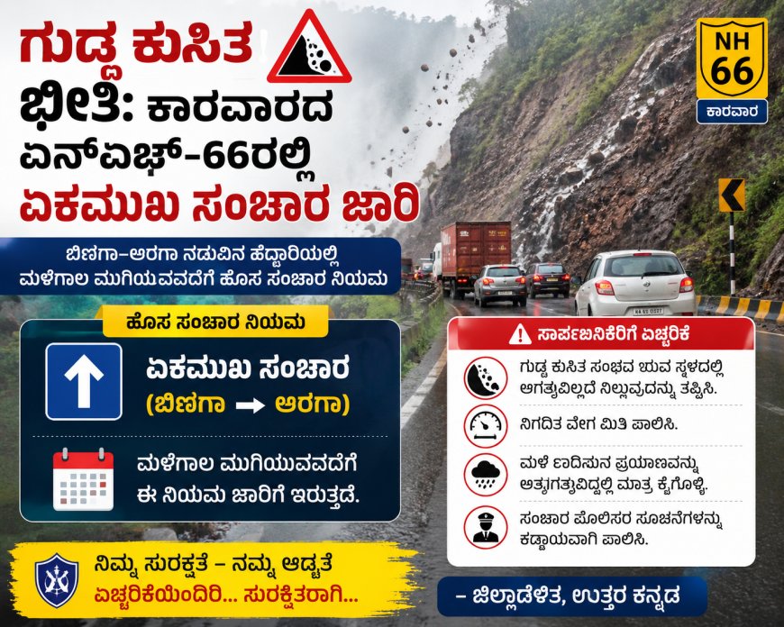 ಬಿಣಗಾ–ಅರಗಾ ನಡುವಿನ ಹೆದ್ದಾರಿಯಲ್ಲಿ ಮಳೆಗಾಲ ಮುಗಿಯುವವರೆಗೆ ಹೊಸ ಸಂಚಾರ ನಿಯಮ; ಸಾರ್ವಜನಿಕರಿಗೆ ಜಿಲ್ಲಾಡಳಿತದ ಎಚ್ಚರಿಕೆ