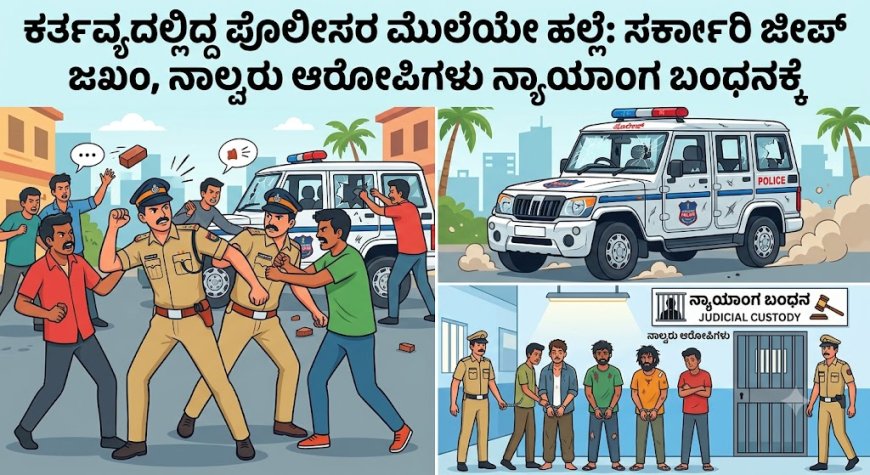 ಕರ್ತವ್ಯದಲ್ಲಿದ್ದ ಪೊಲೀಸರ ಮೇಲೆಯೇ ಹಲ್ಲೆ: ಸರ್ಕಾರಿ ಜೀಪ್ ಜಖಂ, ನಾಲ್ವರು ಆರೋಪಿಗಳು ನ್ಯಾಯಾಂಗ ಬಂಧನಕ್ಕೆ