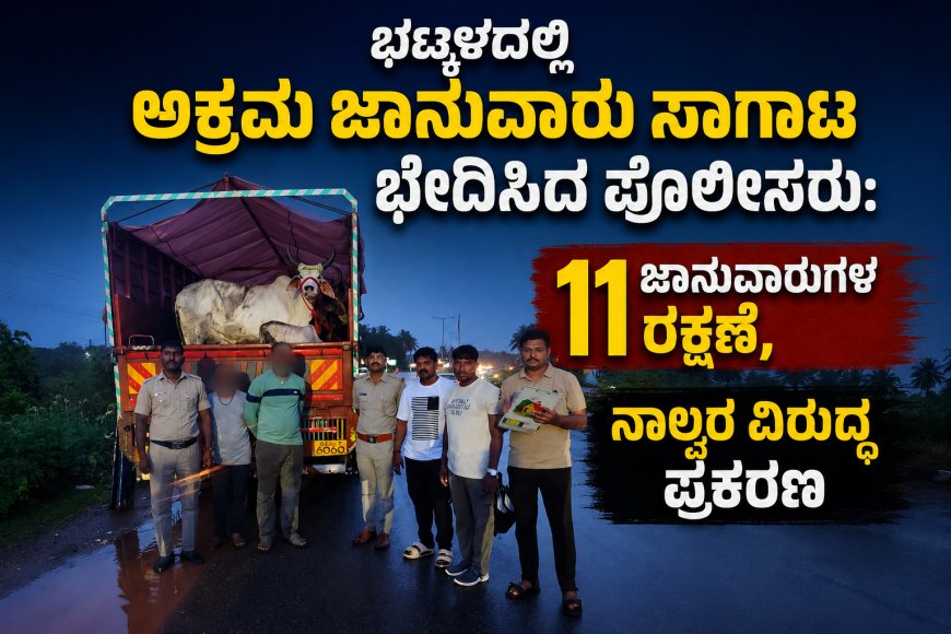 ಭಟ್ಕಳದಲ್ಲಿ ಅಕ್ರಮ ಜಾನುವಾರು ಸಾಗಾಟ ಭೇದಿಸಿದ ಪೊಲೀಸರು: 11 ಜಾನುವಾರುಗಳ ರಕ್ಷಣೆ, ನಾಲ್ವರ ವಿರುದ್ಧ ಪ್ರಕರಣ