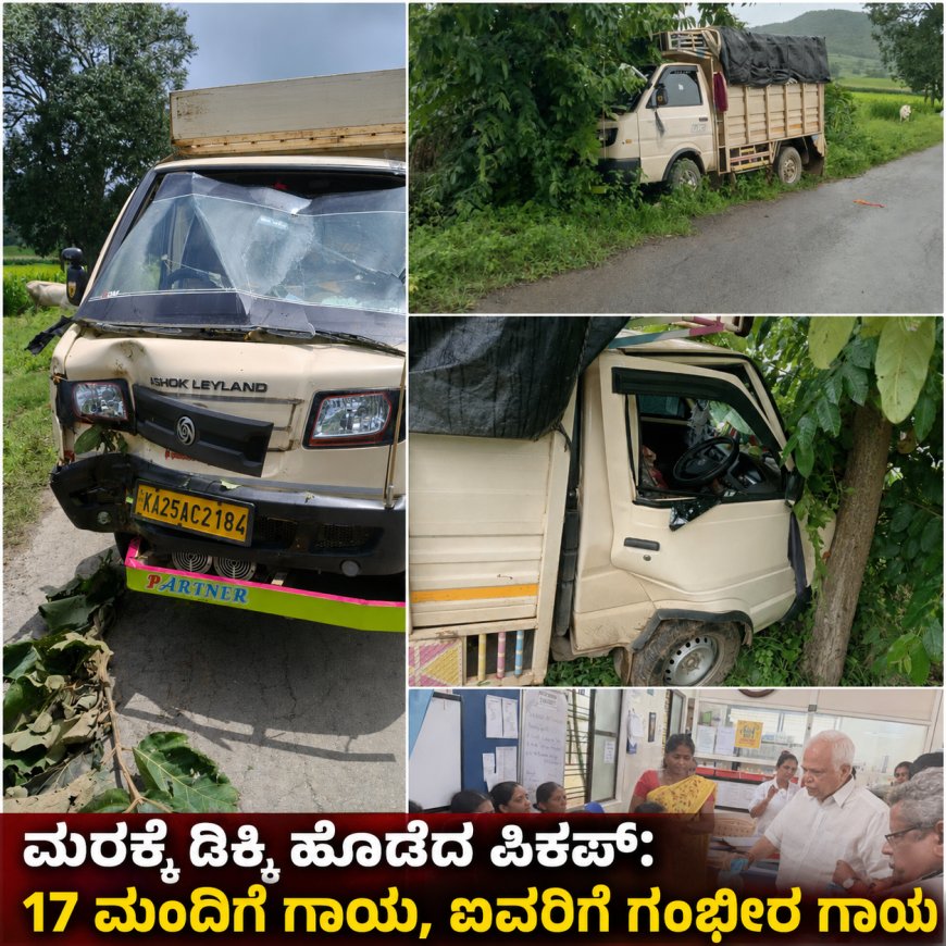 ಮರಕ್ಕೆ ಡಿಕ್ಕಿ ಹೊಡೆದ ಪಿಕಪ್: 17 ಮಂದಿಗೆ ಗಾಯ, ಐವರಿಗೆ ಗಂಭೀರ ಗಾಯ