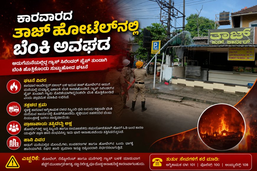 ಕಾರವಾರದ ತಾಜ್ ಹೋಟೆಲ್‌ನಲ್ಲಿ ಬೆಂಕಿ ಅವಘಡ; ಗ್ಯಾಸ್ ಸಿಲಿಂಡರ್ ಪೈಪ್ ತುಂಡಾಗಿ ಹೊತ್ತಿಕೊಂಡ ಬೆಂಕಿ