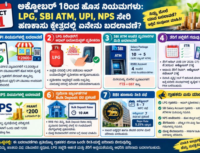 ನಾಳೆಯಿಂದ ಹೊಸ ನಿಯಮಗಳು: LPG, SBI ATM, UPI, NPS ಸೇರಿ ಹಣಕಾಸು ಕ್ಷೇತ್ರದಲ್ಲಿ ಏನೇನು ಬದಲಾವಣೆ?